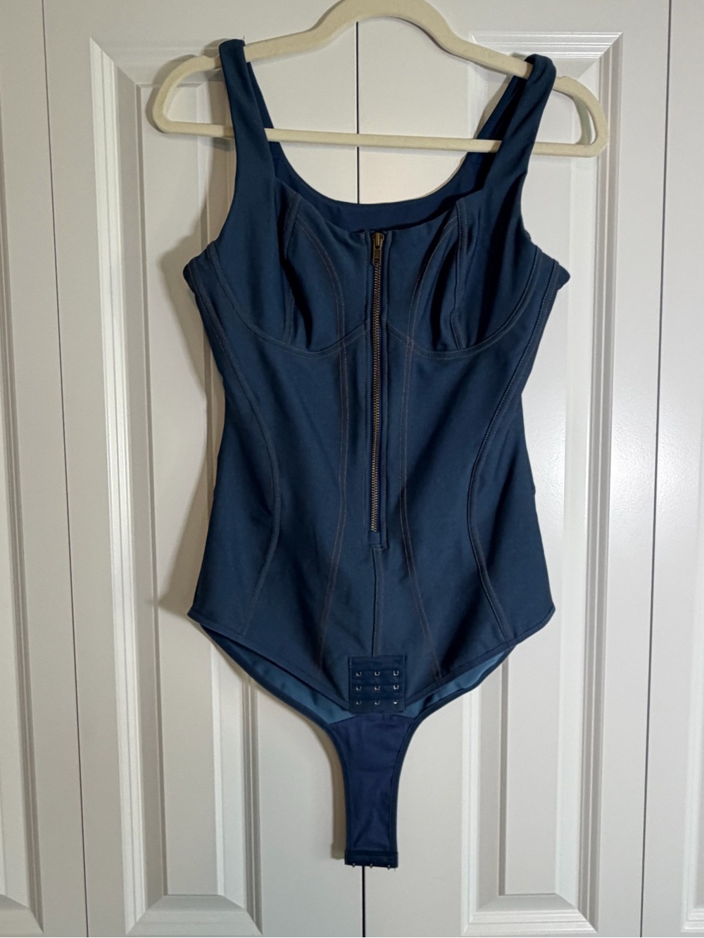 Women Navy Blue One-Piece compression Bodysuit with Front Zip